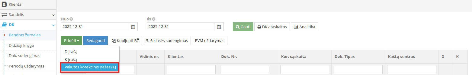 Valiutos korekcinio įrašo sukūrimo parinkimo langas